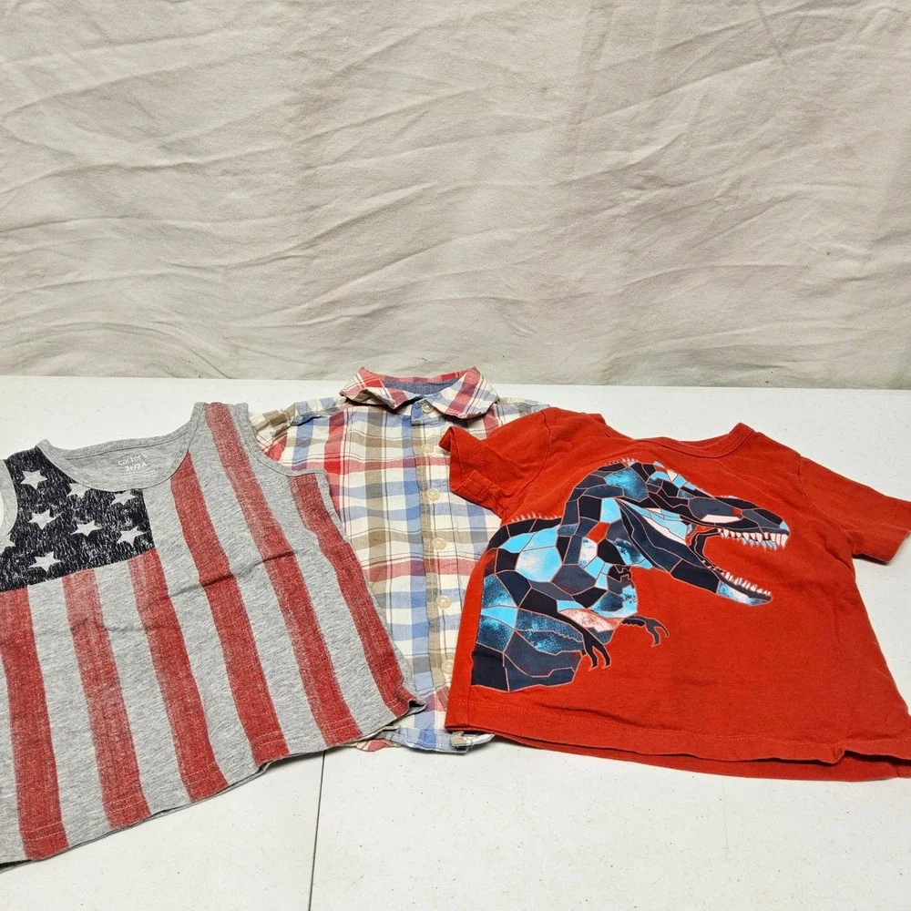 OshKosh Carter's Shirt Lot Kids 2T Red Blue Plaid Dinosaur American Flag 3pc